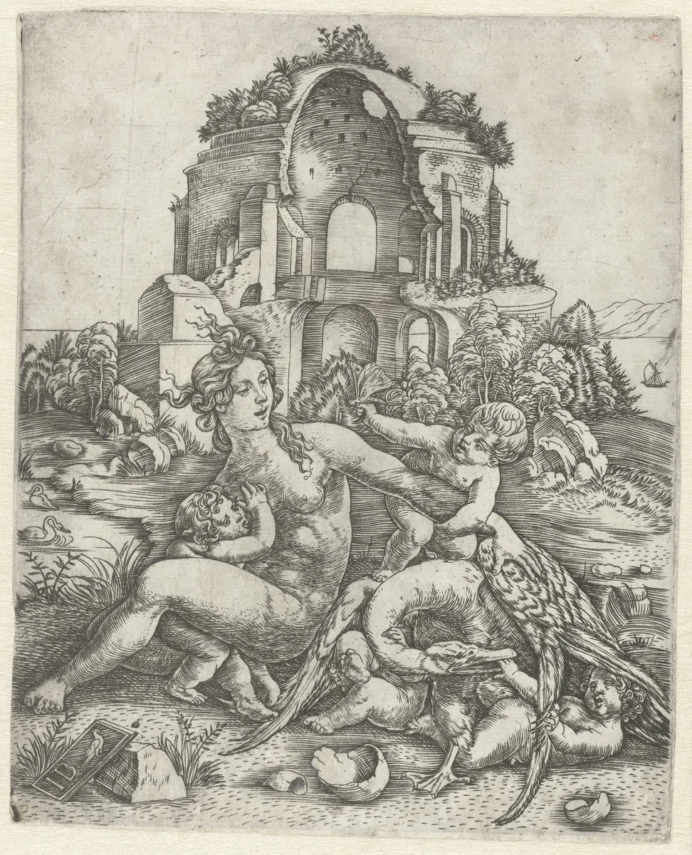 Leda en de zwaan met haar vier kinderen by Unknown, print, 1505-1515