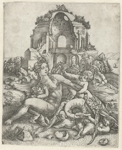 Leda en de zwaan met haar vier kinderen by Unknown, print, 1505-1515