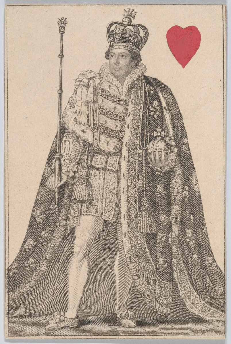King (Geo. 4th from England), from "Court Game of Geography" by William and Henry Rock, print, 1838-1855