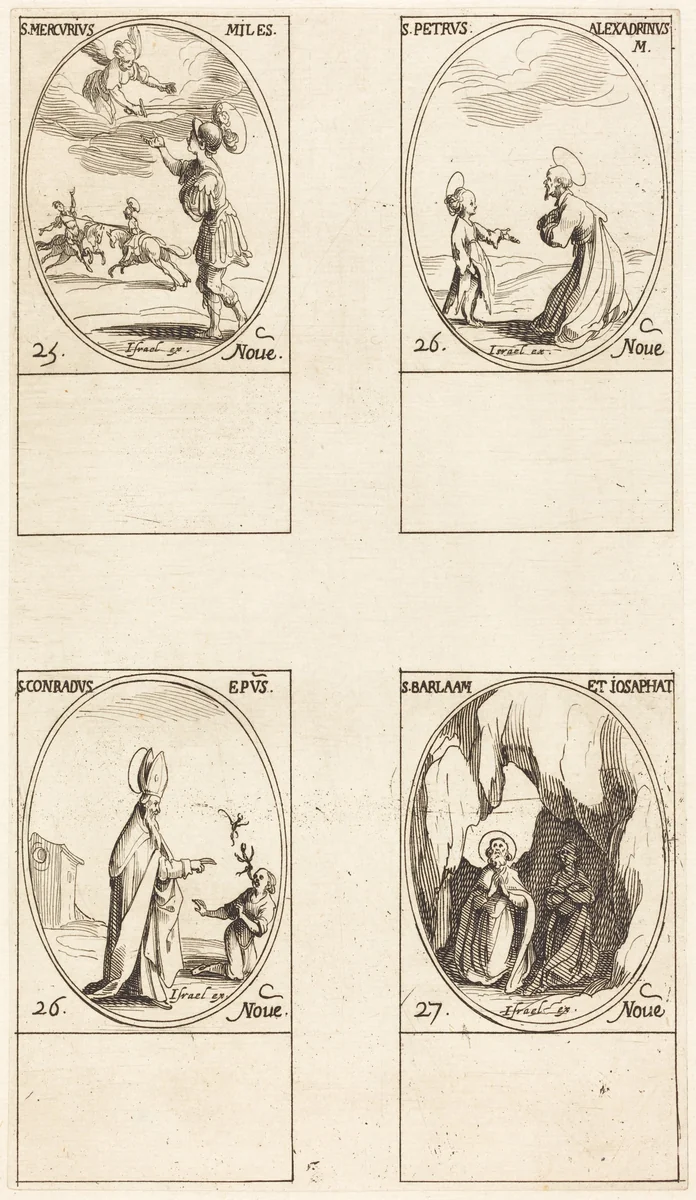 St. Mercury; St. Peter of Alexandria; St. Conrad; Sts. Barlaam and Josaphat by Jacques Callot, print, 1627-1637