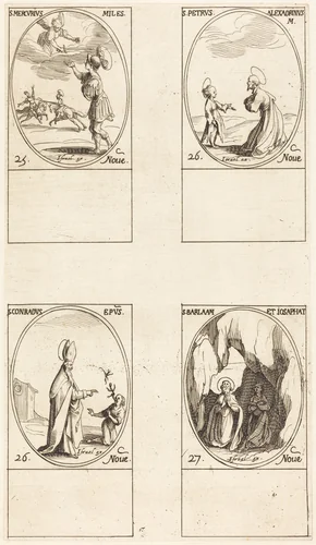 St. Mercury; St. Peter of Alexandria; St. Conrad; Sts. Barlaam and Josaphat by Jacques Callot, print, 1627-1637