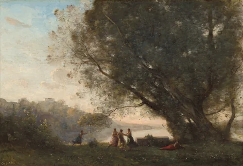 Dance under the Trees at the Edge of the Lake by Jean-Baptiste-Camille Corot, painting, 1865-1870