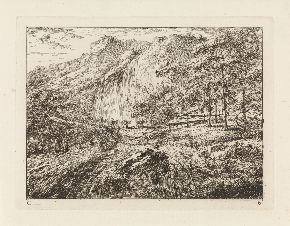 Pakezels op een brug bij een waterval by Gerard van Nijmegen, print, 1794