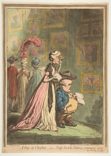 A Peep at Christies;–or–Tally-ho & his Nimeny-pimeney taking the Morning Lounge by James Gillray, print, 1796