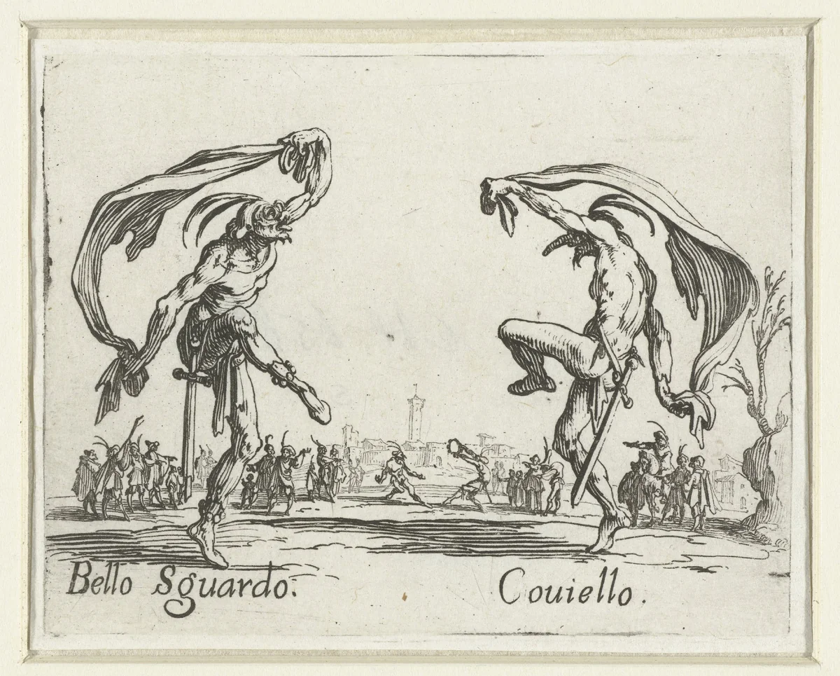 Twee straatartiesten als Bello Sguardo en Coviello by Jacques Callot, print, 1621-1622