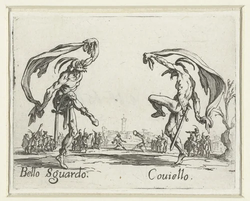 Twee straatartiesten als Bello Sguardo en Coviello by Jacques Callot, print, 1621-1622