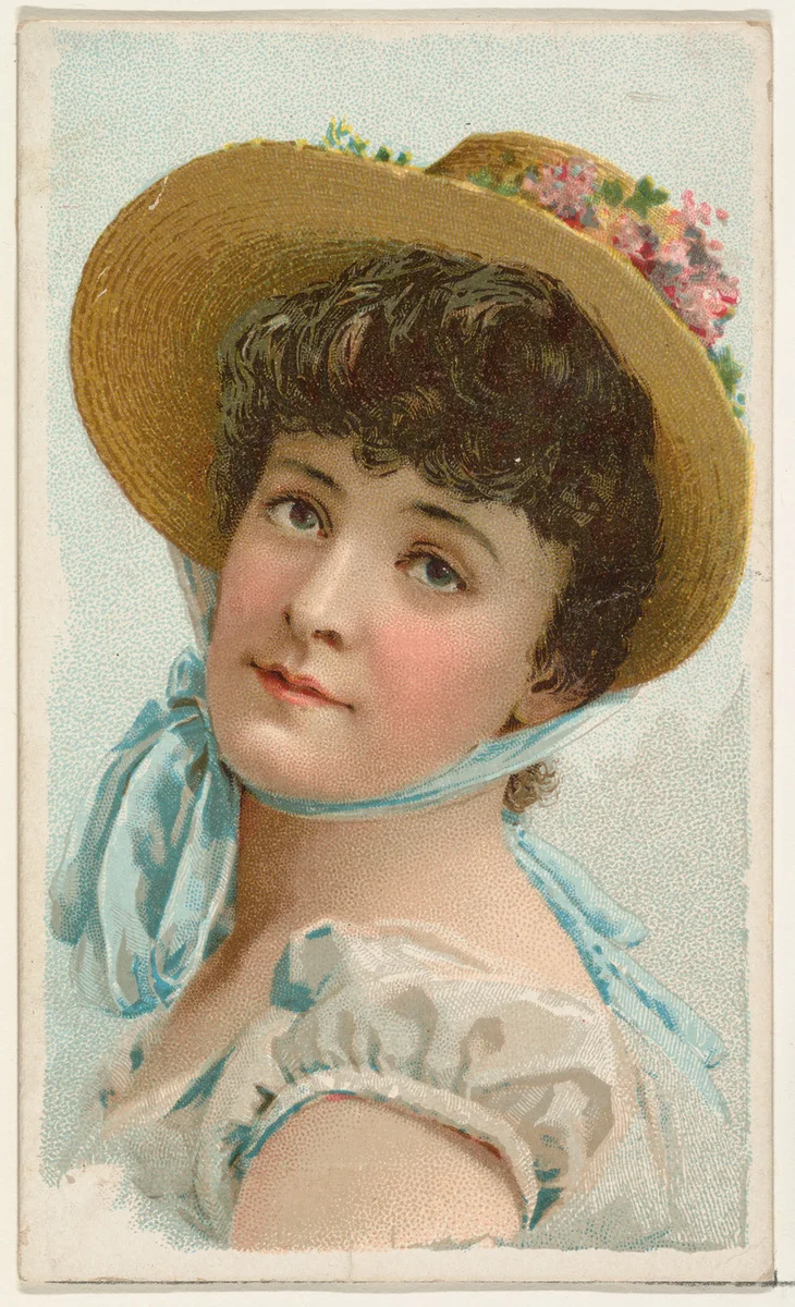 Actress wearing straw bonnet tied with blue ribbon, from Stars of the Stage, First Series (N129) issued by W. Duke, Sons & Co. to promote Honest Long Cut Tobacco by W. Duke, Sons & Co., print, 1890