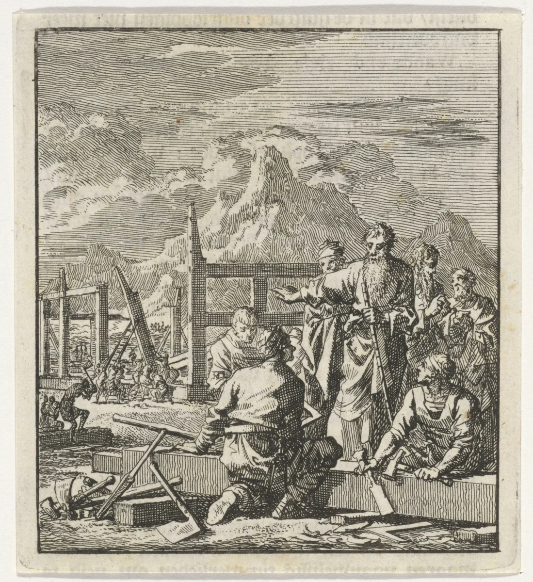 Bouw van de ark van Noach by Jan Luyken, print, 1706