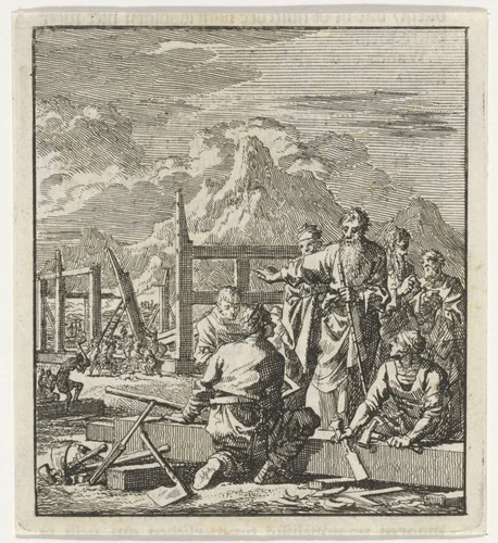 Bouw van de ark van Noach by Jan Luyken, print, 1706