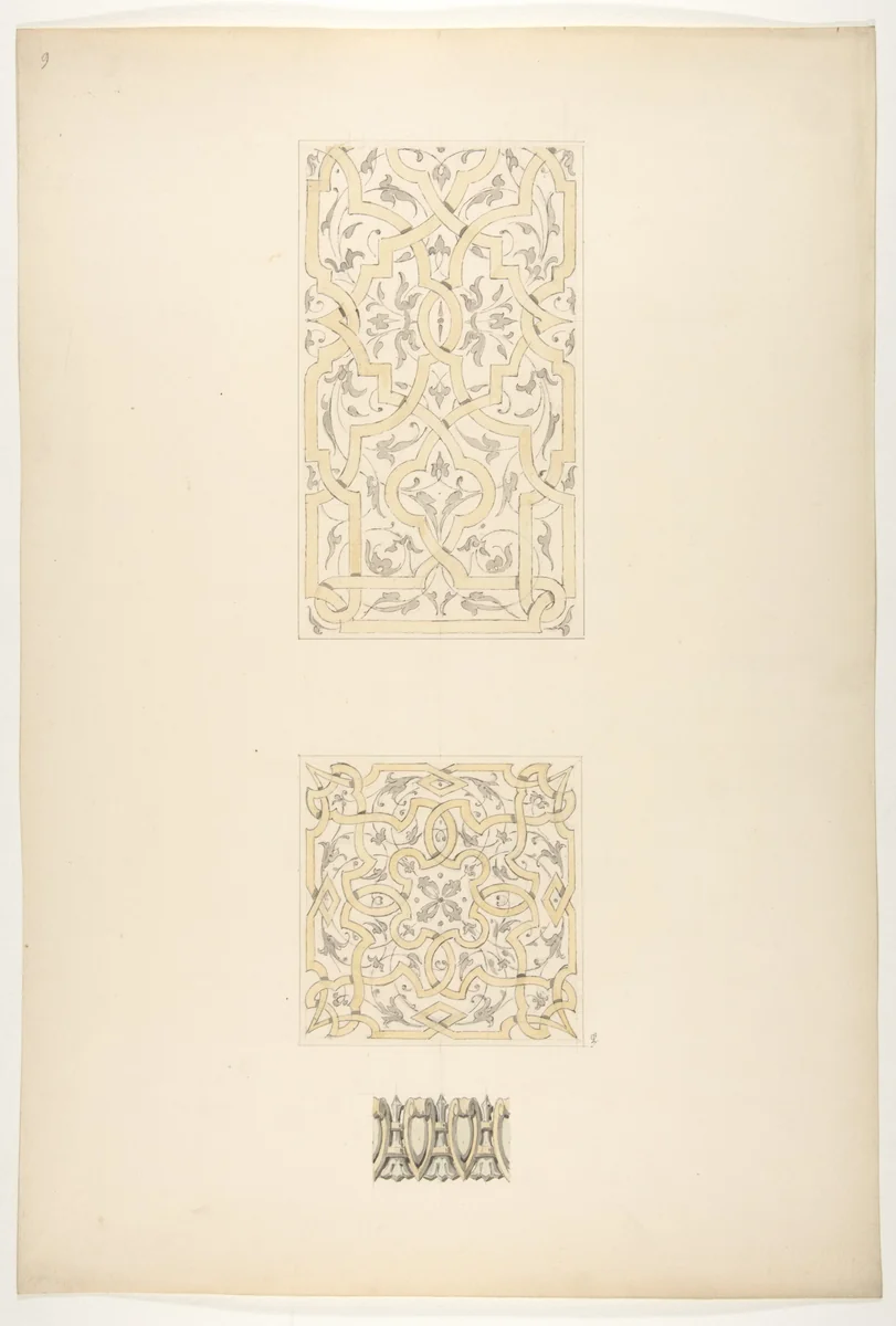 Three designs for decorative motifs in strapwork, rinceaux, and egg-and-dart patterns by Jules-Edmond-Charles Lachaise, drawing, 1830-1897