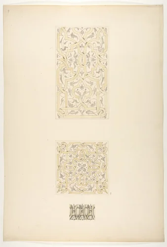 Three designs for decorative motifs in strapwork, rinceaux, and egg-and-dart patterns by Jules-Edmond-Charles Lachaise, drawing, 1830-1897