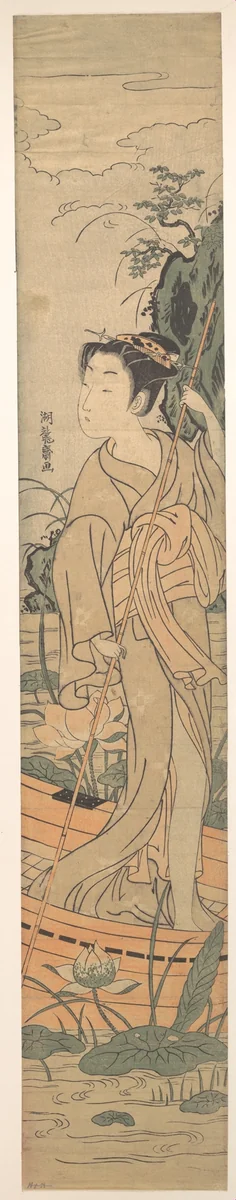 Young Woman Poling Herself in a Boat among Pond Lilies by Isoda Koryūsai, print, 1770-1790