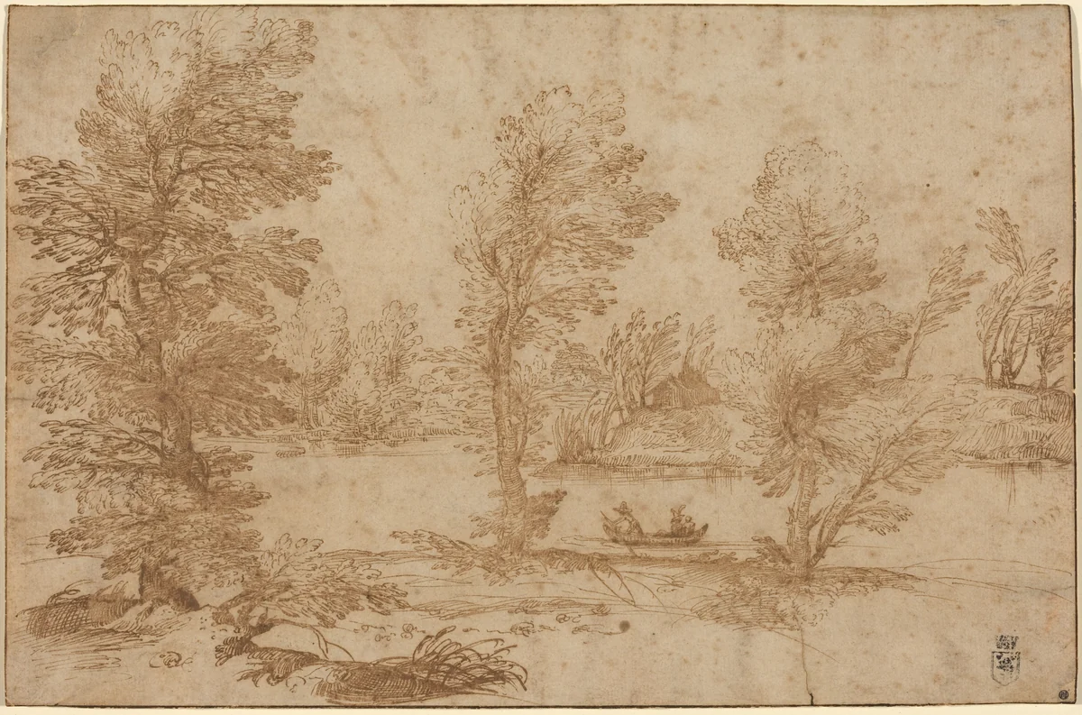 Woodland River with a Boat by Agostino Carracci, drawing, 1590