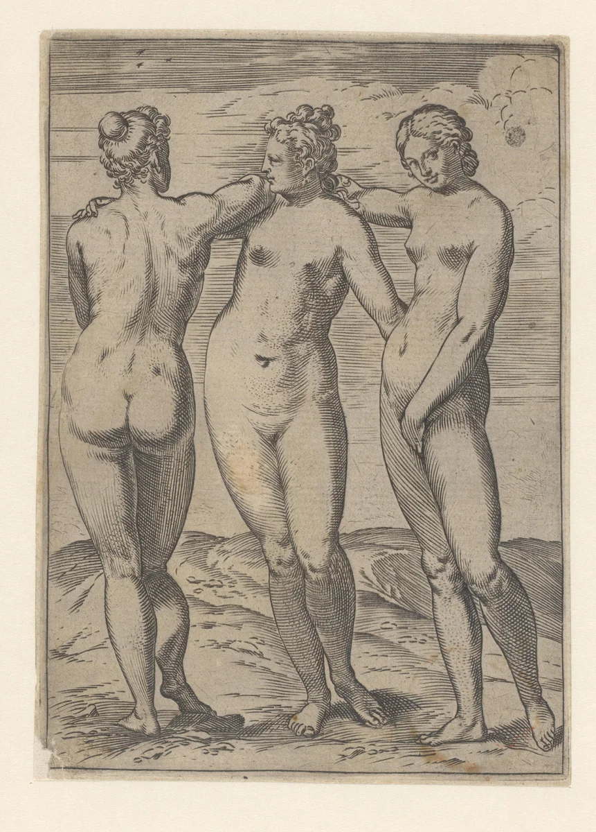 De Drie Gratiën by Agostino Carracci, print, 1590-1595