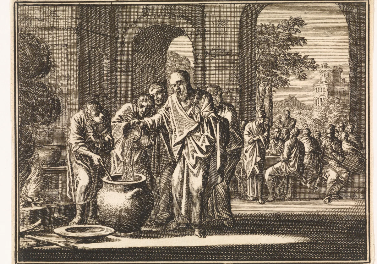 Elisa maakt de vergiftigde moespot tot goed voedsel by Jan Luyken, print, 1712