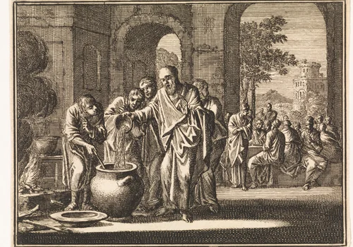 Elisa maakt de vergiftigde moespot tot goed voedsel by Jan Luyken, print, 1712