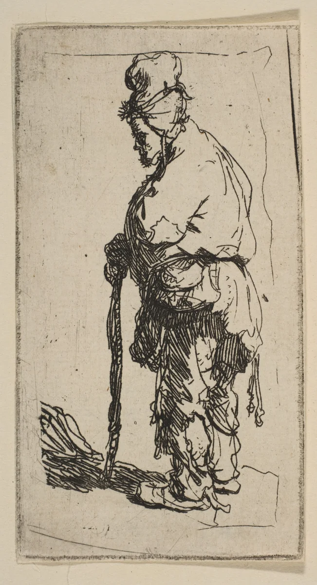 Beggar Leaning on a Stick, Facing Left by Rembrandt van Rijn, print, 1625-1635