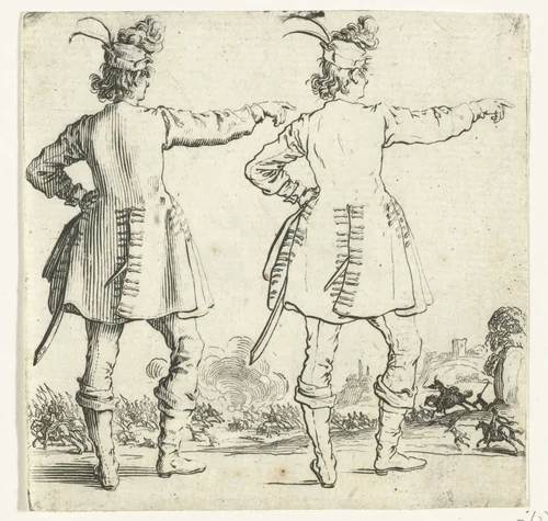 Tweemaal dezelfde soldaat met kleine gepluimde hoed en opgeheven arm, op de rug gezien by Jacques Callot, print, 1621-1624