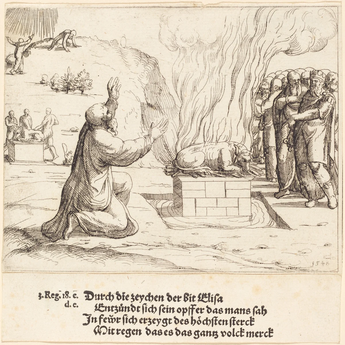 The Rival Sacrifices of Elijah and the Priests of Baal by Augustin Hirschvogel, print, 1548