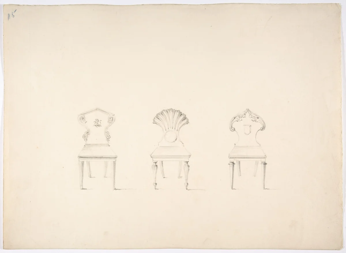 Design for Three Chairs, Two with Armorial Ornament on Backs by anonymous, drawing, 1800-1850