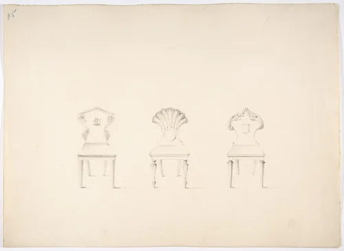 Design for Three Chairs, Two with Armorial Ornament on Backs by anonymous, drawing, 1800-1850