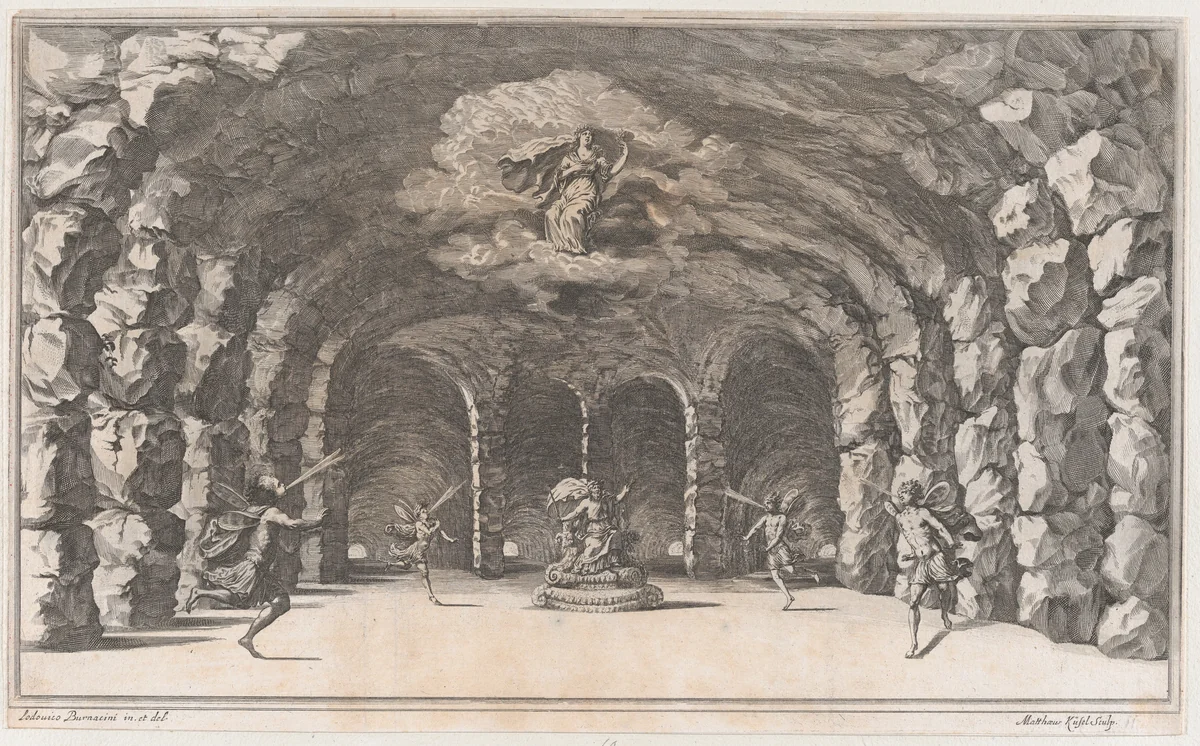 Cavern of Aeolus; a cave with wind gods blowing on either side of Aeolus who sits enthroned at center; set design from 'Il Pomo D'Oro' by Mathäus Küsel, print, 1668