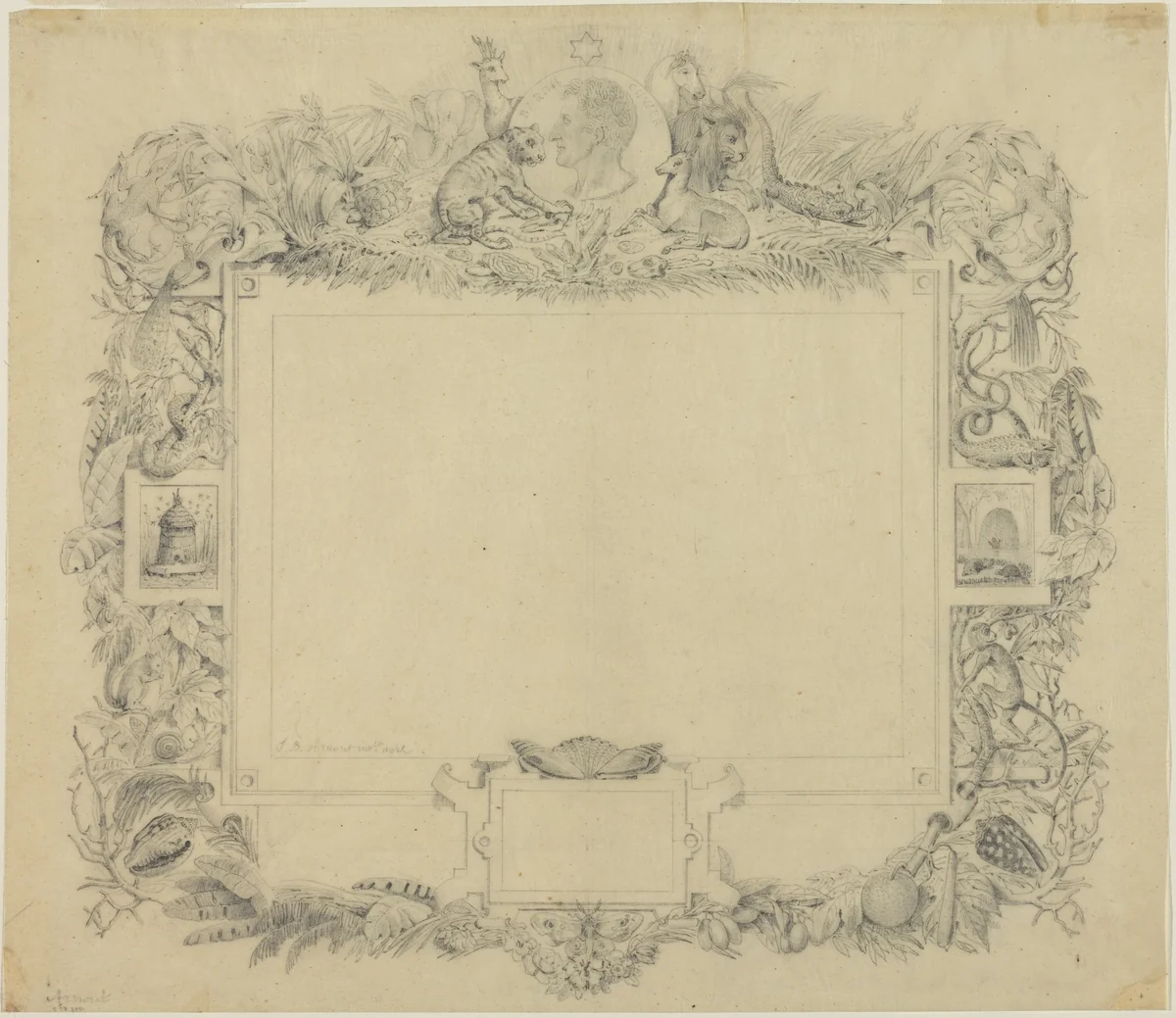 Design for a Border with a Portrait of Baron Cuvier by Jean-Baptiste Arnout, drawing, 1788-1865