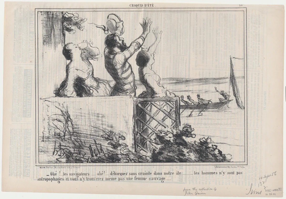 Ohé...les navigateurs...débarquez sans crainte..., from Croquis d'Été, published in Le Charivari, September 10, 1856 by Honoré Daumier, print, 1856