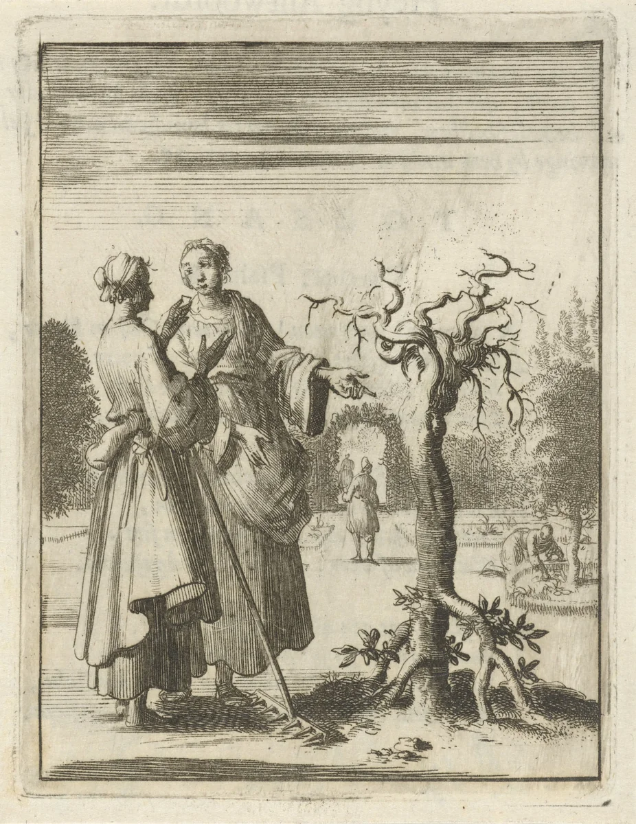 Twee vrouwen bekijken een boom die met de wortels omhoog is geplant by Jan Luyken, print, 1687