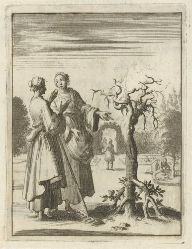 Twee vrouwen bekijken een boom die met de wortels omhoog is geplant by Jan Luyken, print, 1687