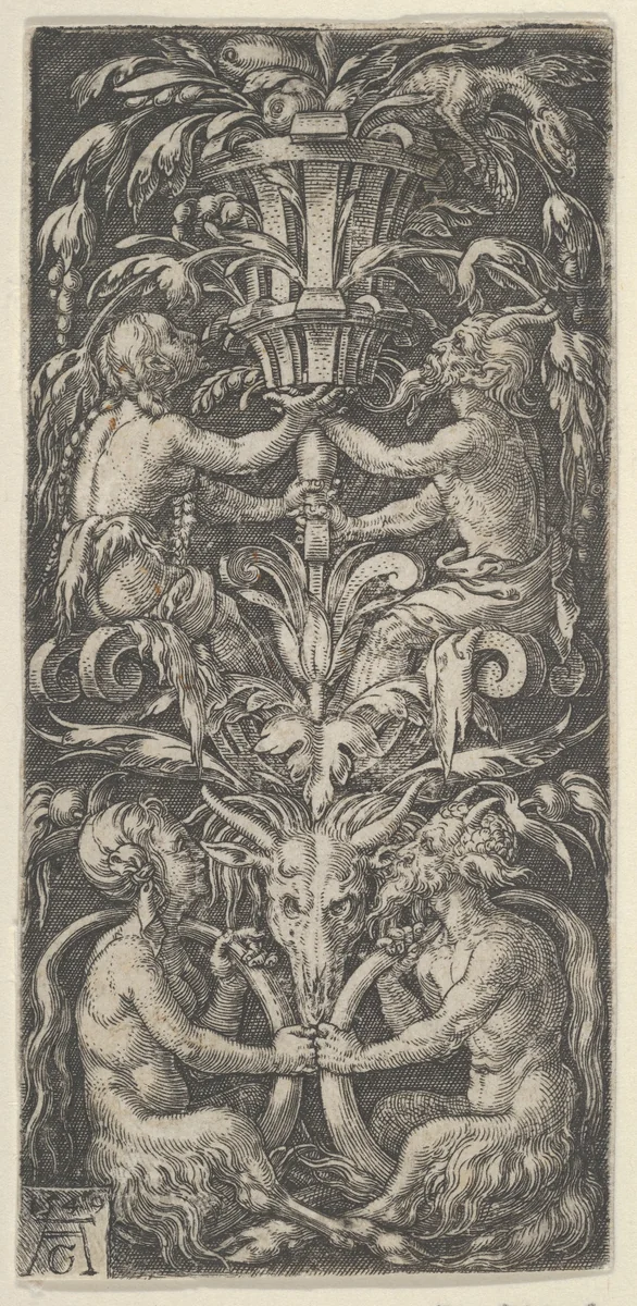 Panel with Candelabrum Containing Two Couples of Satyrs by Heinrich Aldegrever, print, 1549