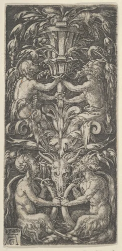 Panel with Candelabrum Containing Two Couples of Satyrs by Heinrich Aldegrever, print, 1549