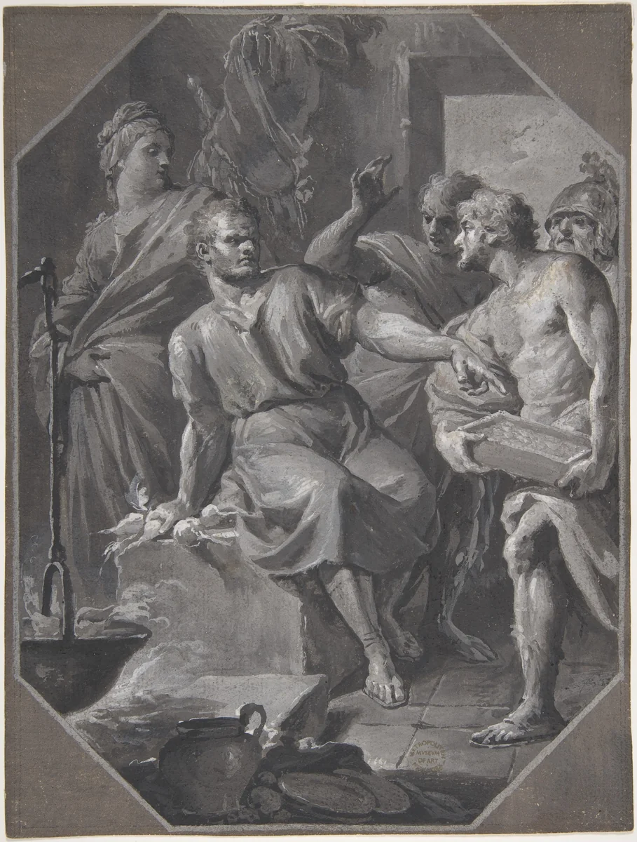 Manius Curius Dentatus Refusing the Presents of the Samnite Ambassadors by Fedele Fischetti, drawing, 1732-1792