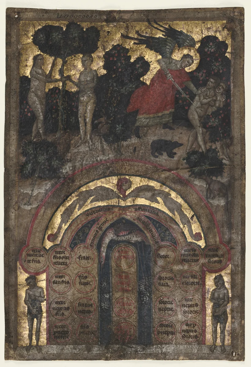 Leaf from a Volume of Johannes Andrea's "Lectura super arboris consanguinitatis et affinitatis: Table of Affinity" by Master of the Register, manuscript, 1326-1336