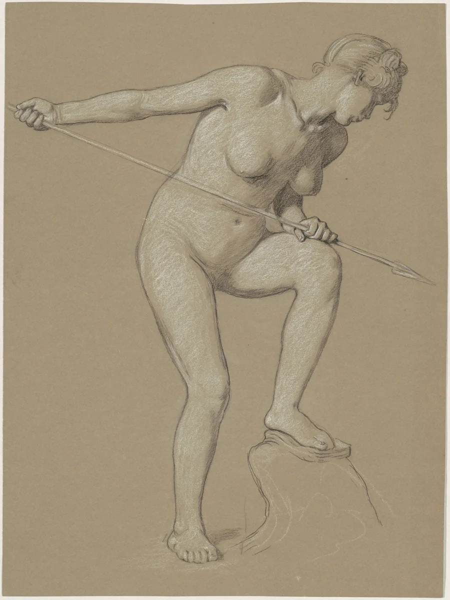 Girl Spearing Dolphin by Elihu Vedder, drawing, 1895-1905