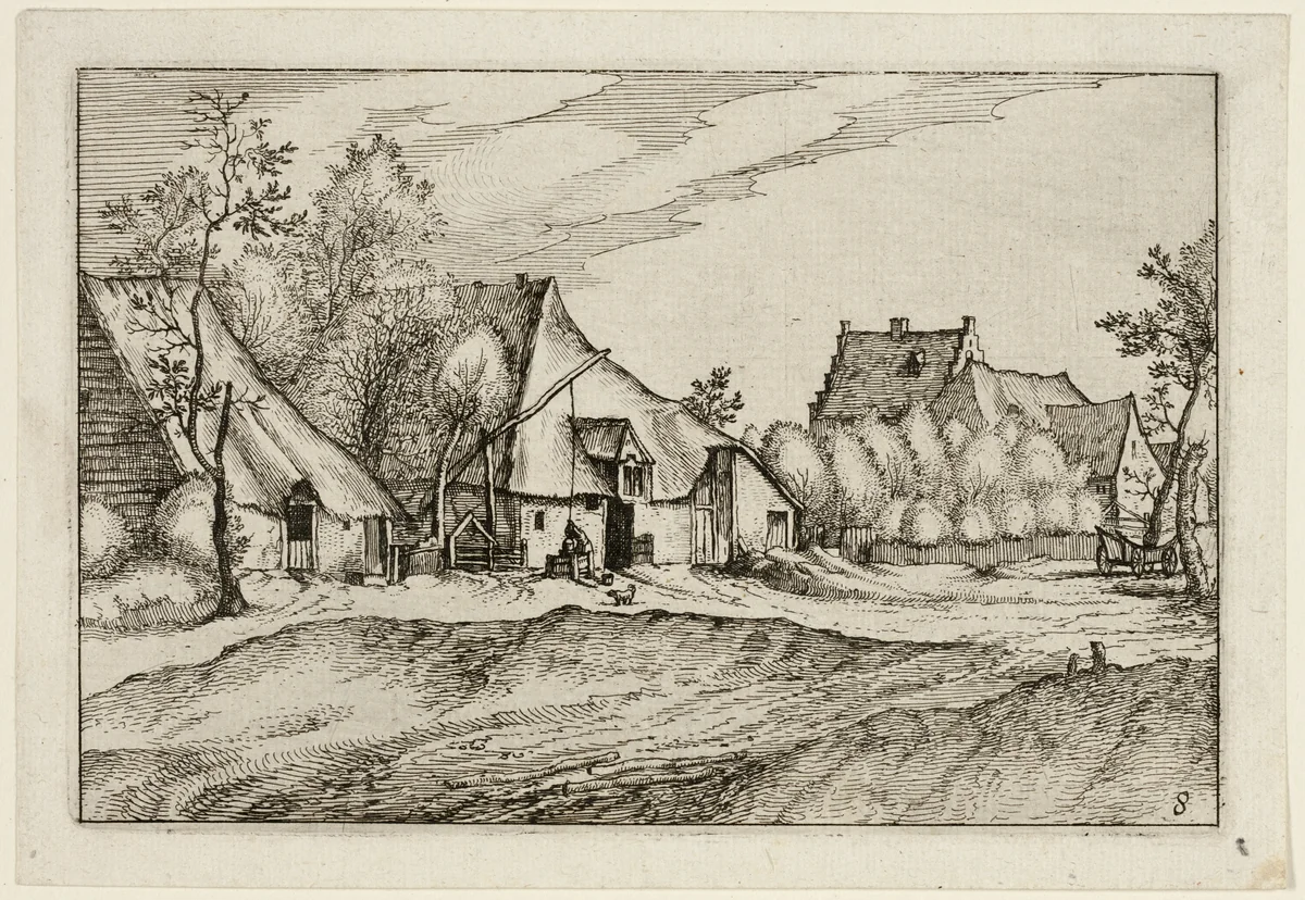 Farms in a Village, plate eight after Pictures of Farms, Country Houses and Rustic Villages (Praediorum villarum et rusticarum casularum icones) by Claes Jansz Visscher, print, 1612