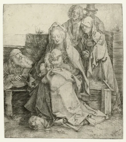 De Heilige Familie met Johannes de Evangelist, Maria Magdalena en Nicodemus by Albrecht Dürer, print, 1510-1515
