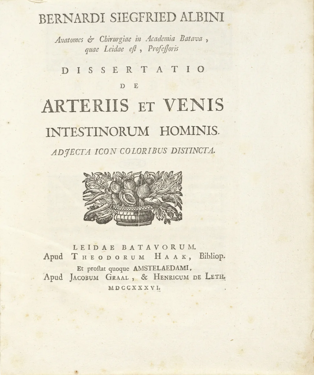 Titelpagina van Bernhard Siegfried Albinus' 'Dissertatio de arteriis et venis intestinorum hominis', 1736. by anonymous, book, 1736