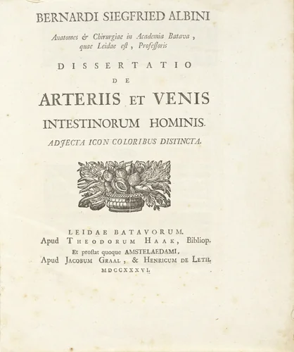 Titelpagina van Bernhard Siegfried Albinus' 'Dissertatio de arteriis et venis intestinorum hominis', 1736. by anonymous, book, 1736