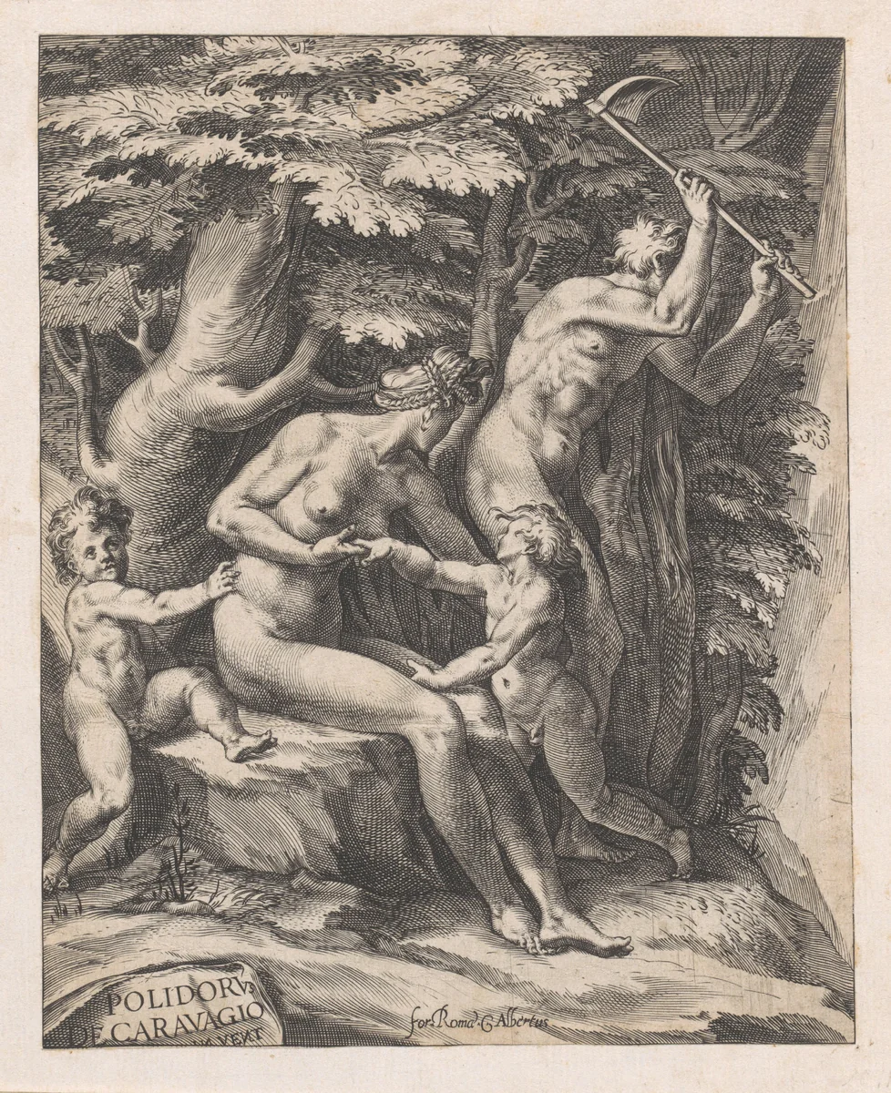 Adam en Eva na de verdrijving uit het Paradijs by Unknown, print, 1563-1615
