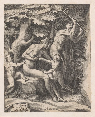 Adam en Eva na de verdrijving uit het Paradijs by Unknown, print, 1563-1615