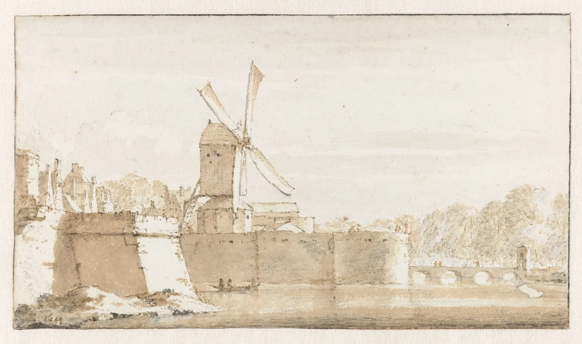 Gezicht op de molen van Rembrandt, de wallen bij de Morspoort en het Pelikaansbolwerk by Jan de Bisschop, drawing, 1649