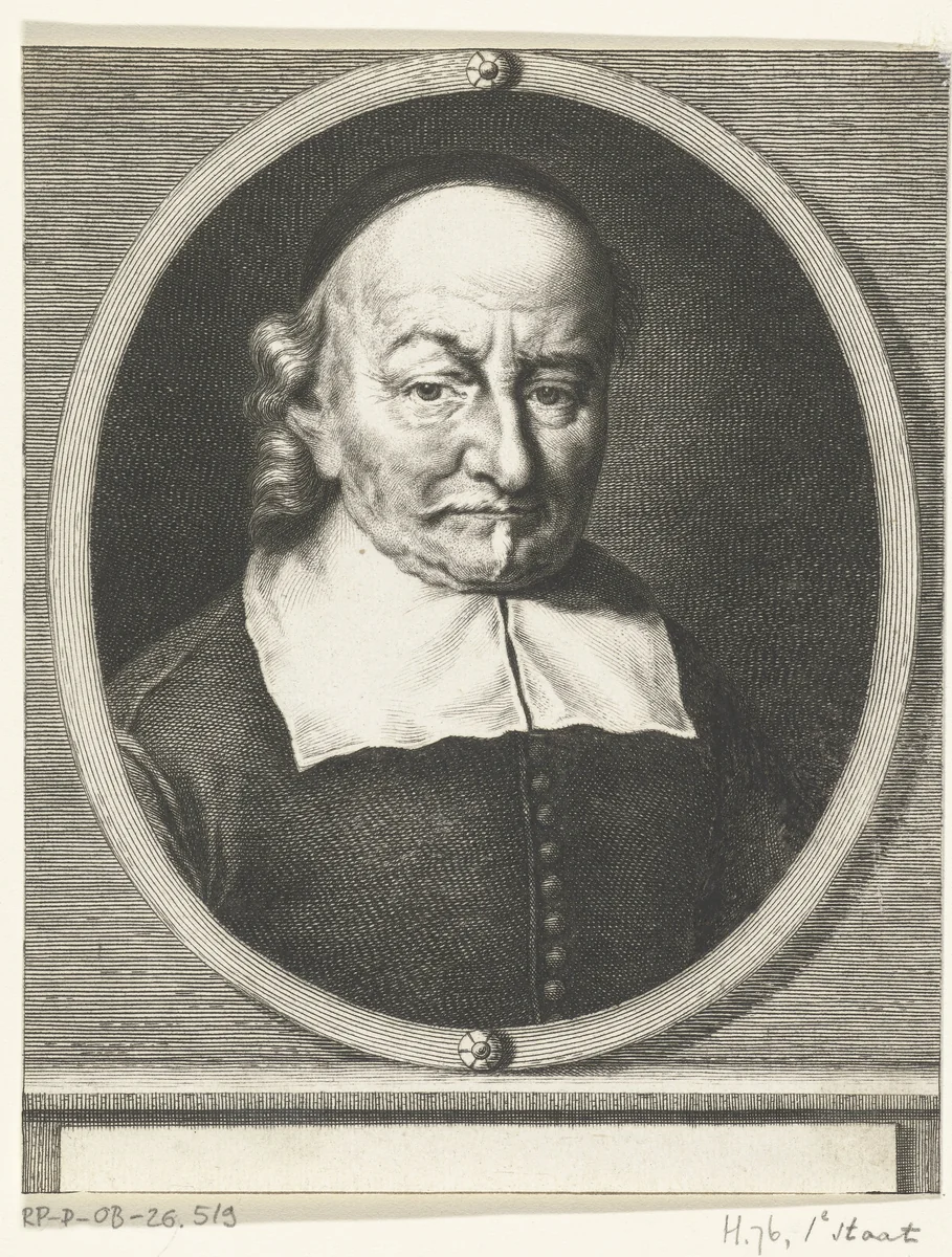Portret van Joost van den Vondel op 84-jarige leeftijd by Hendrik Bary, print, 1657-1707