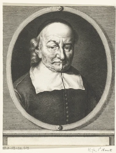 Portret van Joost van den Vondel op 84-jarige leeftijd by Hendrik Bary, print, 1657-1707