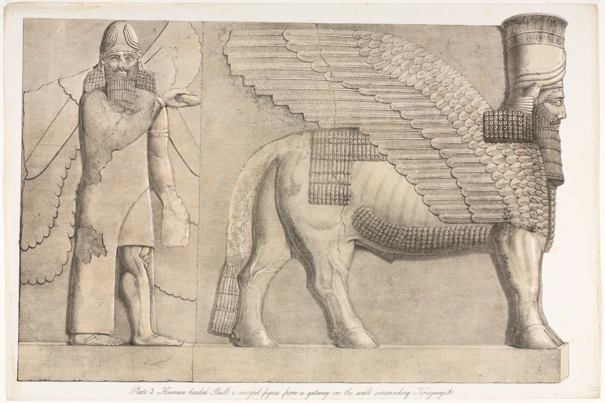 Monuments of Ninevah: Plate 3, Human-headed Bull and Winged Figure from a Gateway in the Wall Surrounding Kouyunjik (Quyunjik) by Austen Henry Layard, print, 1853
