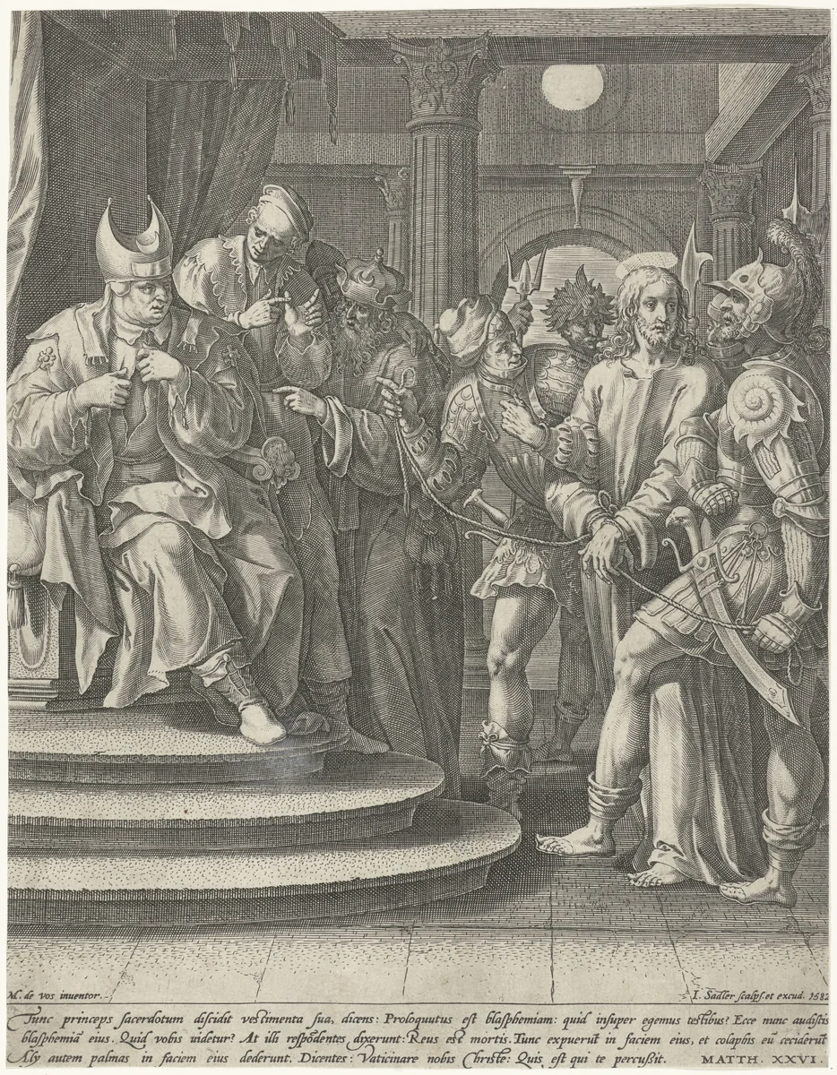 Christus voor Kajafas by Unknown, print, 1582