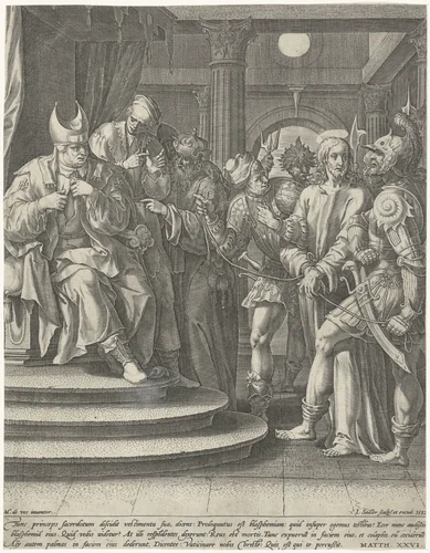 Christus voor Kajafas by Unknown, print, 1582