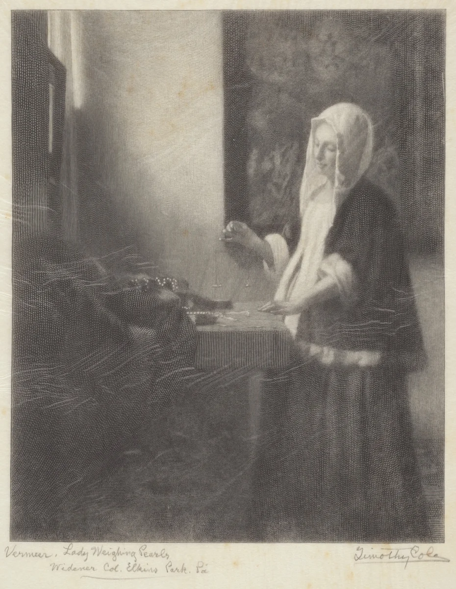 Woman Weighing Pearls by Timothy Cole
Johannes Vermeer, print, 1922