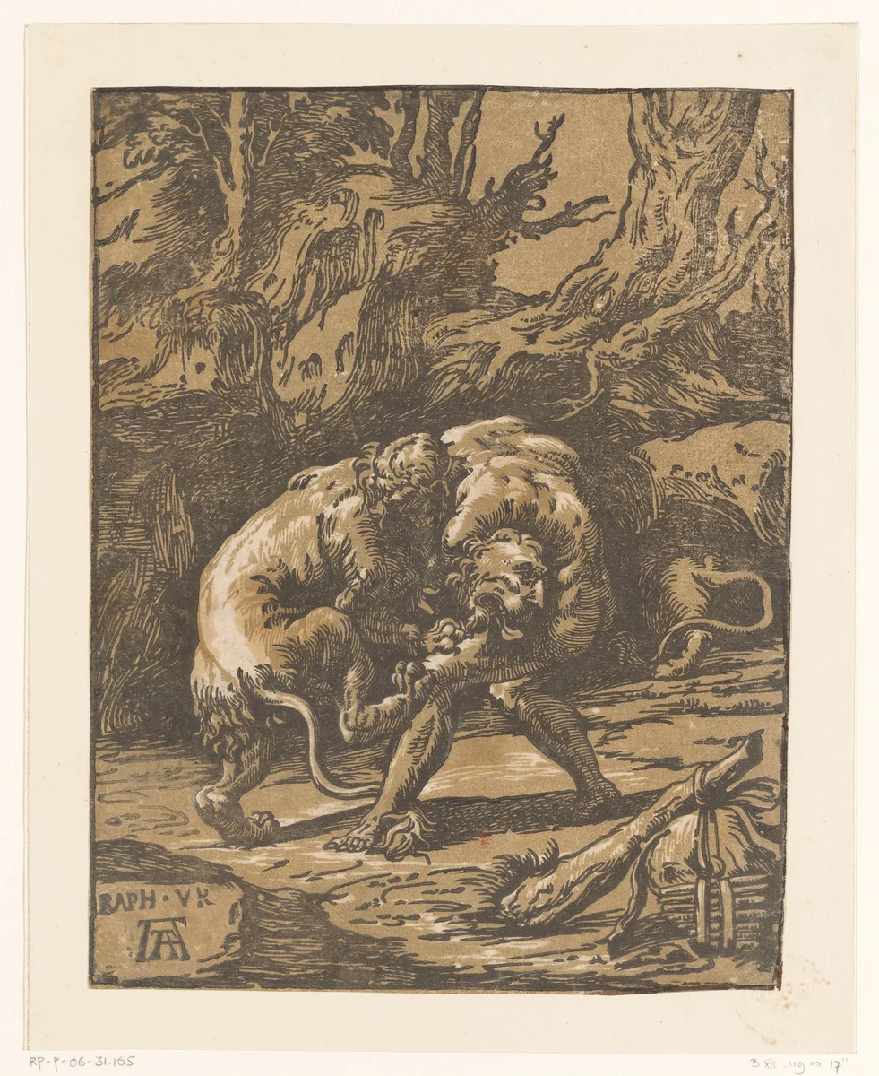 Hercules en de Nemeïsche leeuw by Niccolò Vicentino, print, 1568-1629