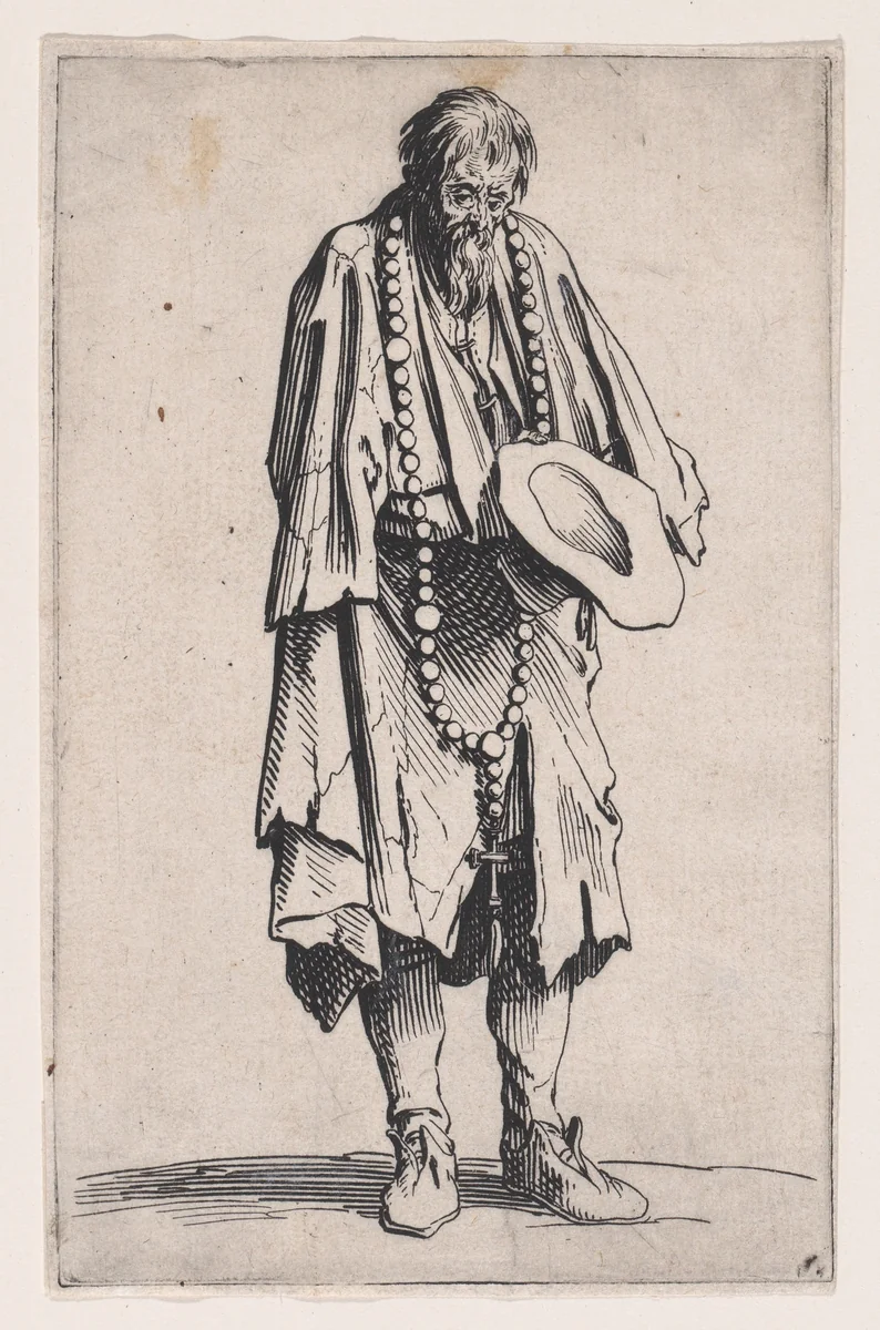 Le Mendaint au Rosaire (The Beggar with a Rosary), from "Les Gueux suite appelée aussi Les Mendiants, Les Baroni, ou Les Barons" (The Beggars, also called the Barons) by Jacques Callot, print, 1618-1628